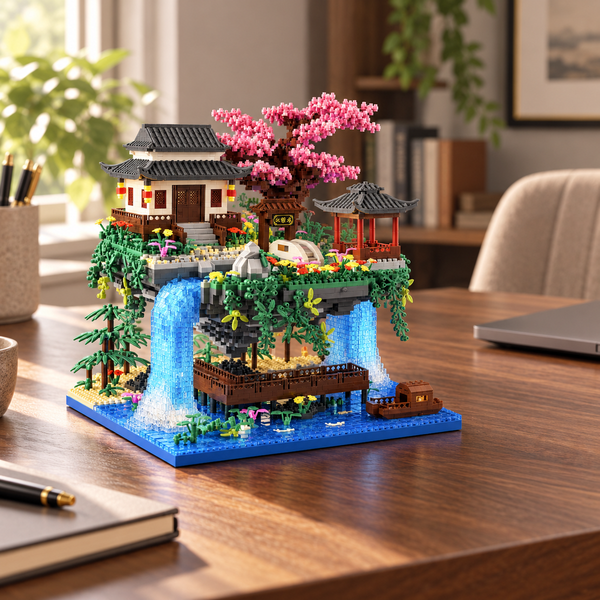 Jardin japonais en briques Sakura avec cerisier rose, pavillon et cascades bleues, posé sur un bureau en bois