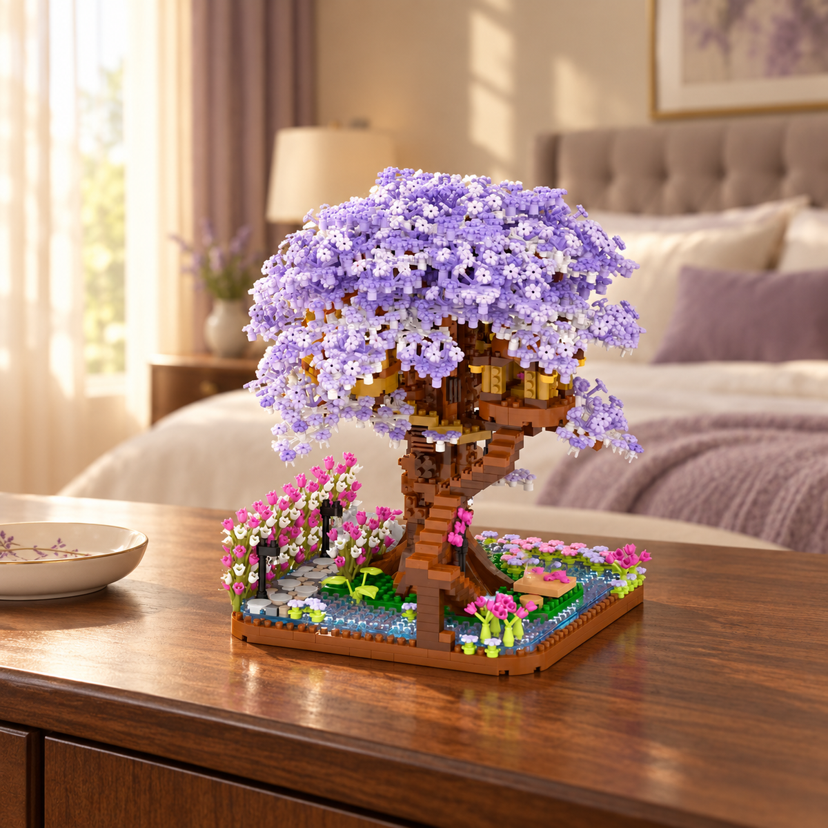 Cerisier Sakura Violet en briques, avec fleurs mauves et blanches et cabanes perchées, posé sur une commode en noyer dans une chambre