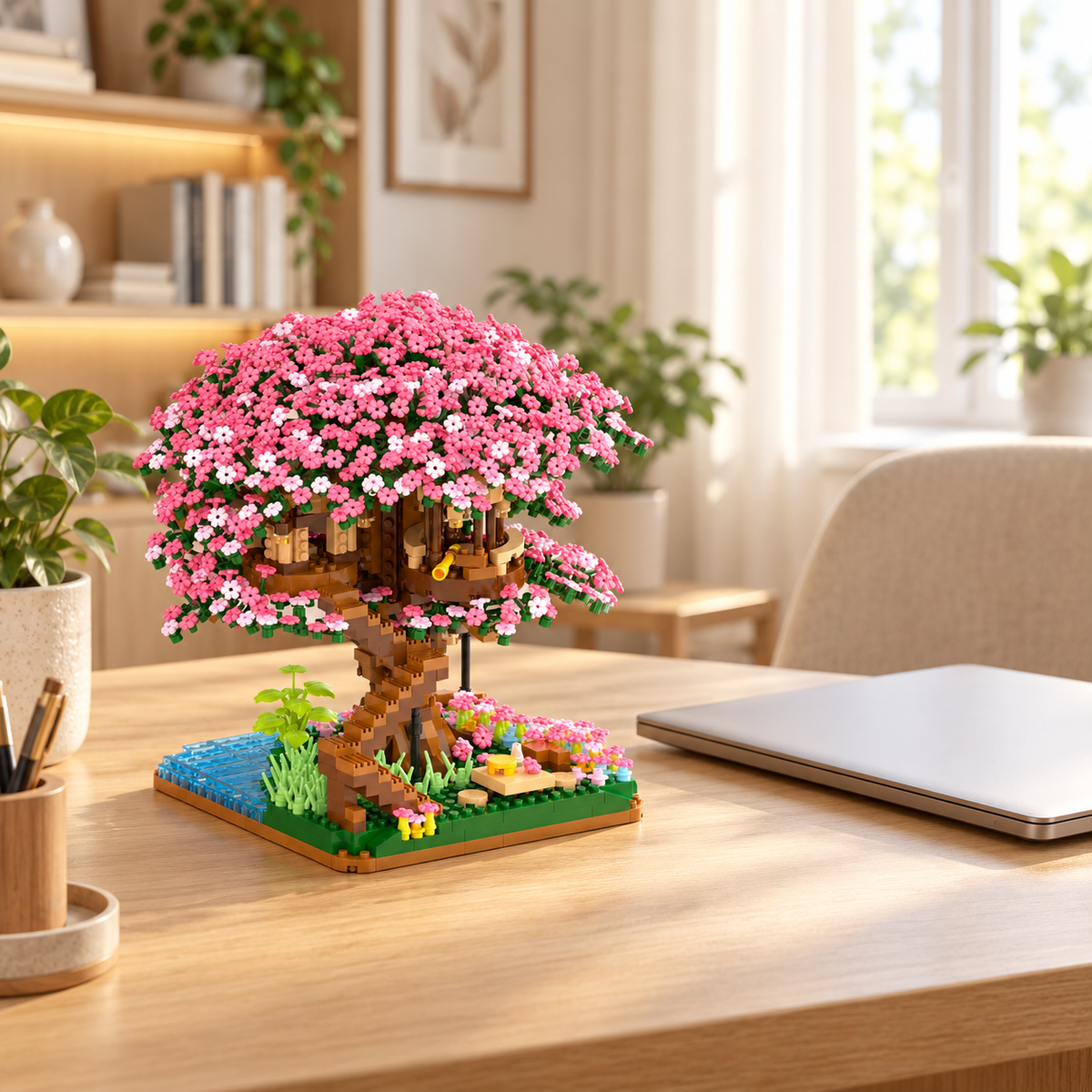 Arbre cerisier rose en briques avec cabanes, posé sur un bureau en bois dans un espace de travail lumineux