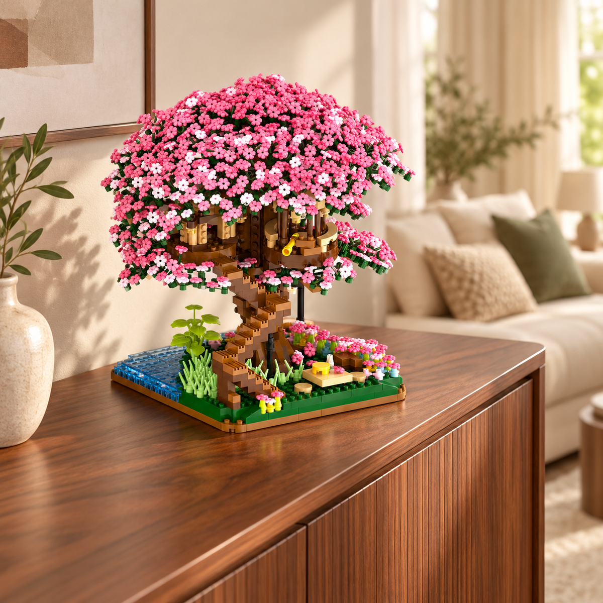 Arbre cerisier rose en briques avec cabanes et escalier, posé sur un buffet en bois dans un salon lumineux