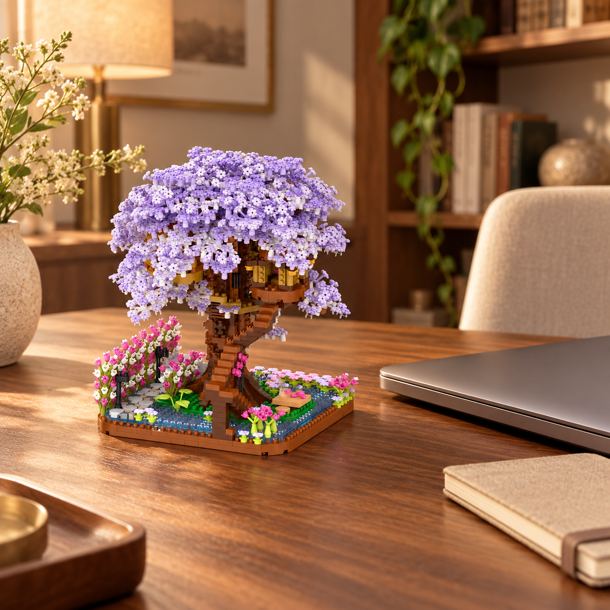 Cerisier Sakura Violet en briques, avec fleurs mauves et blanches, cabanes perchées et jardin miniature, posé sur un bureau en bois à côté d’un ordinateur portable.