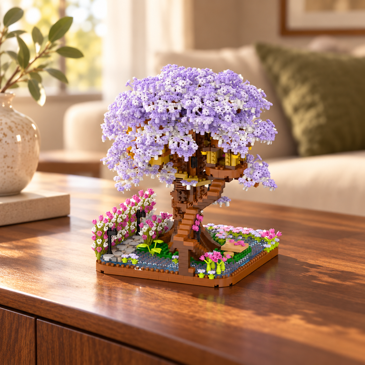 Cerisier Sakura Violet en briques, avec fleurs mauves et blanches et cabanes perchées, posé sur un buffet en bois dans un salon chaleureux.