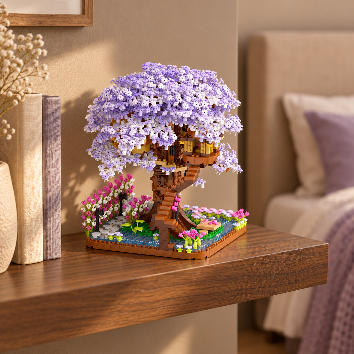 Cerisier Sakura Violet en briques posé sur une étagère en bois, près de livres, dans une chambre aux tons beige et mauve.