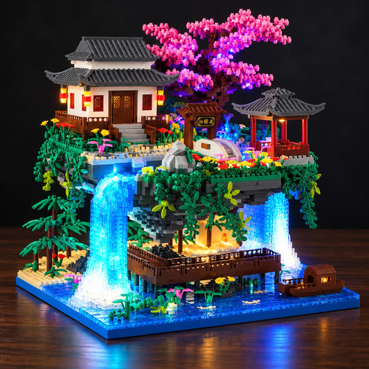 Jardin japonais Sakura en briques avec cerisier rose, maison, pavillon et cascades éclairées, sur fond sombre.