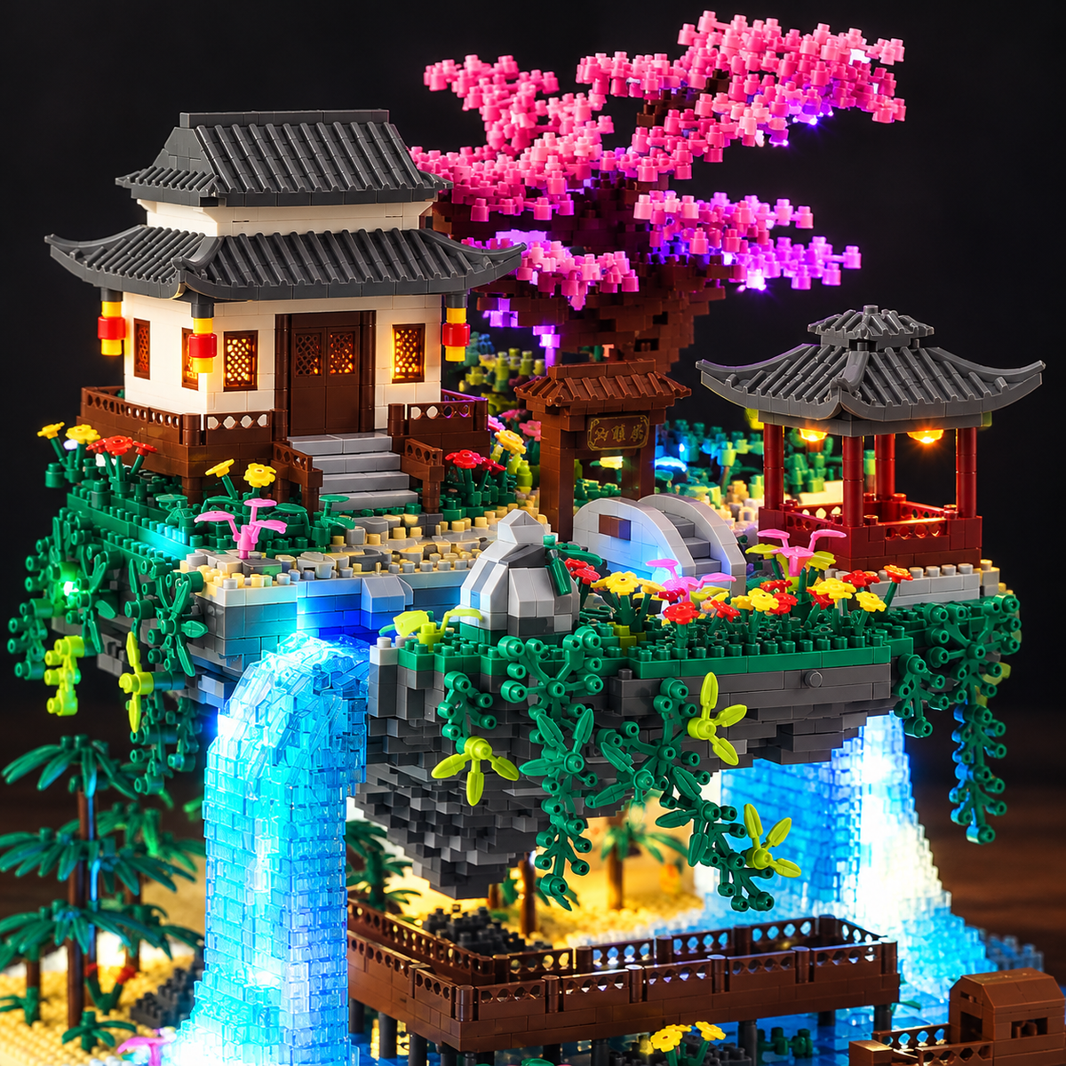 Vue rapprochée du jardin japonais Sakura en briques, avec cerisier rose, pavillon, petit pont et cascades éclairées.